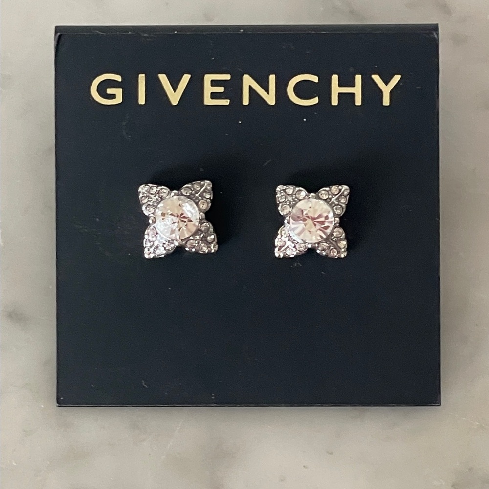 GIVENCHY Silver Crystal Flower Button Stud Earrings